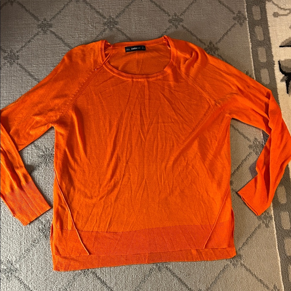 Zara Bright Orange Lightweight Crewneck Knit Jumper Sweater
